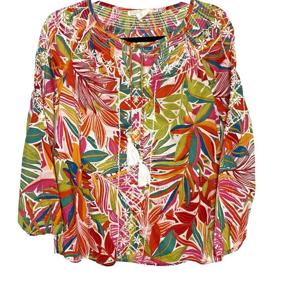 C&C CALIFORNIA Blouse Tassel Tie Embroidered Long Sleeves Floral Hawaiin Women S - Picture 1 of 9